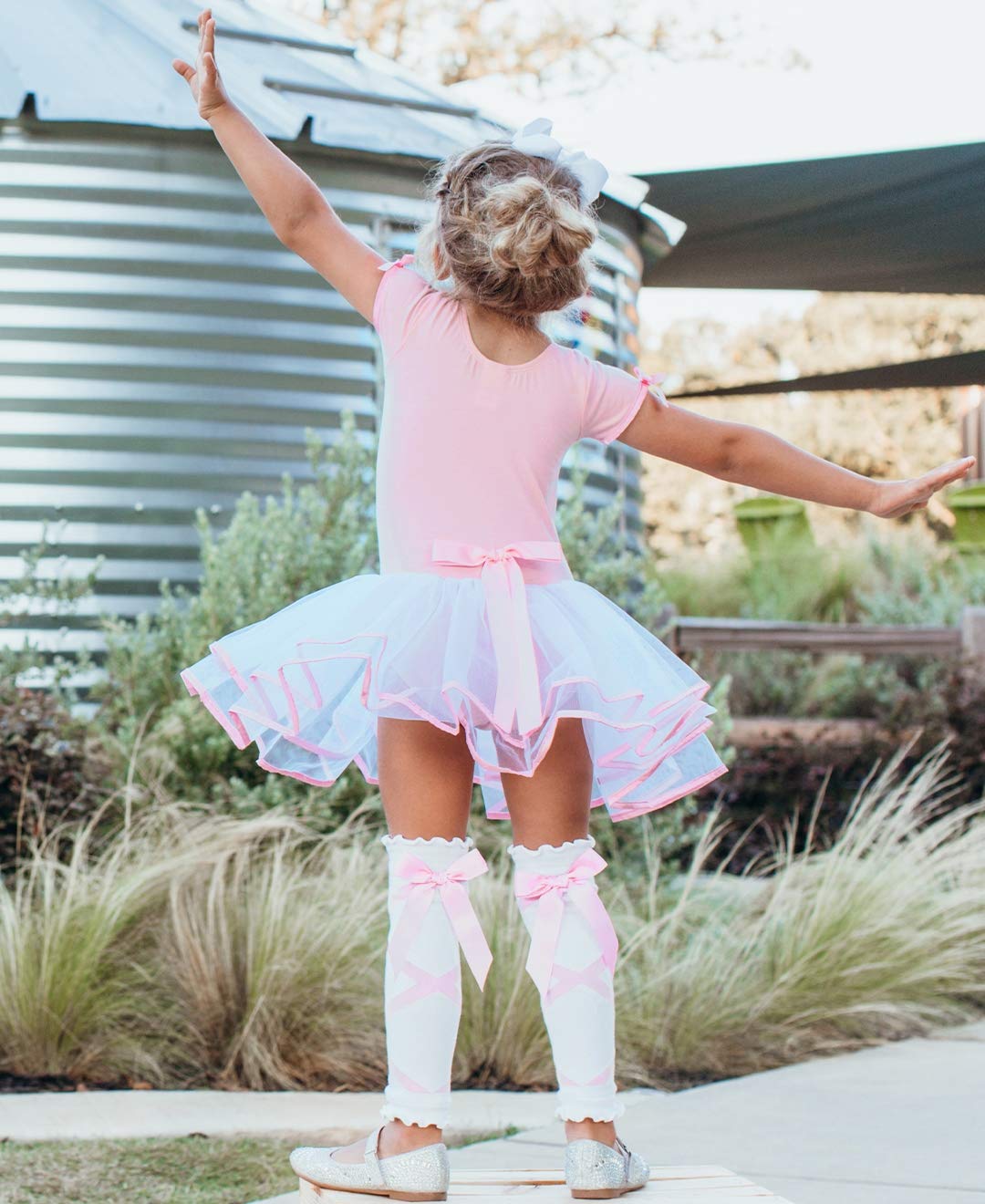 Rufflebutts Girls Pink And White Ballet Bow Leg Warmers - One Size