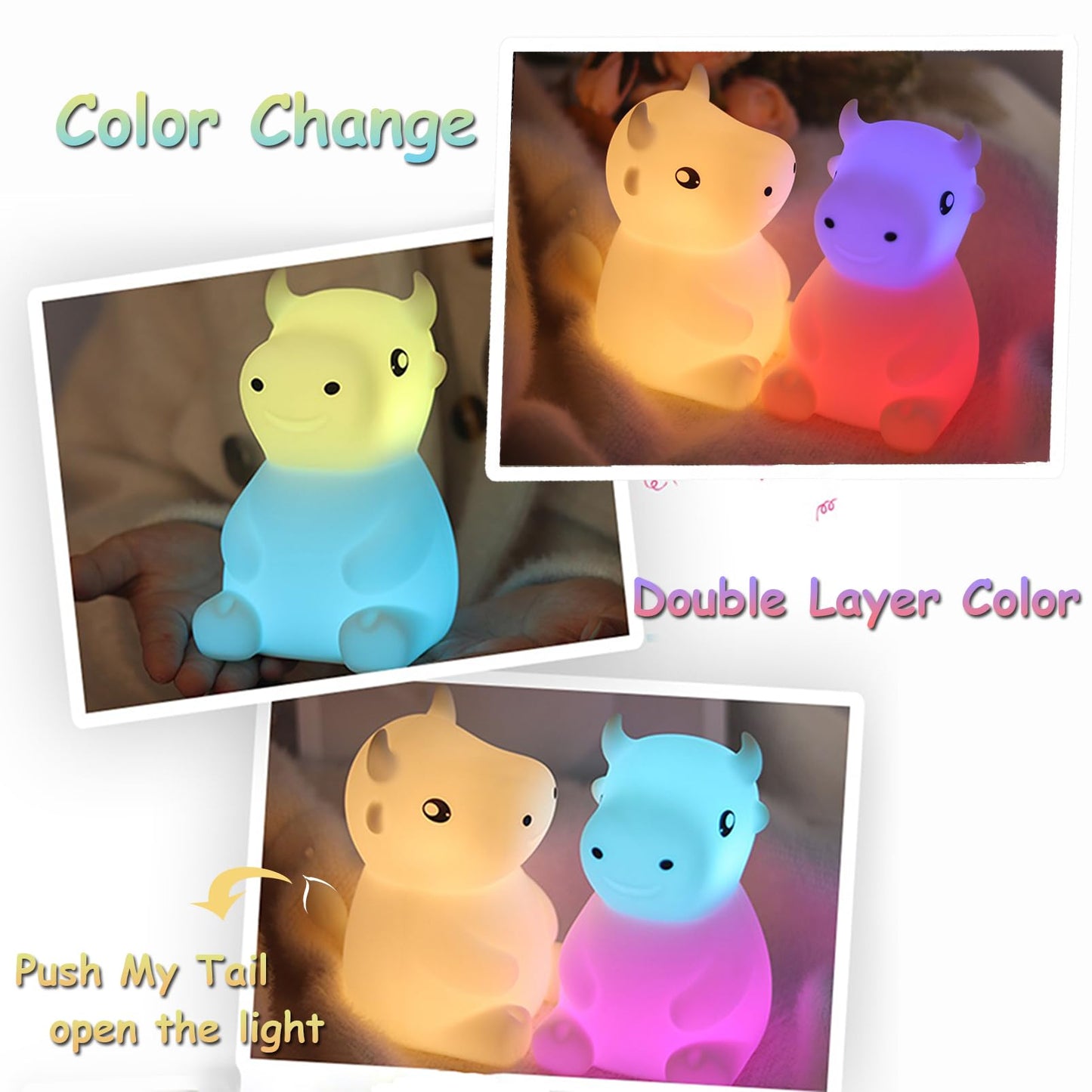 SMOORITA Night Light for Kids, Cute Night Lamp Bedroom Cow Nightlight for Baby Girl Boy Teem, Battery Powered Silicone Animal Ni