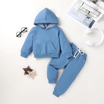 Happy Town Toddler Fall Outfits For Girl Boy Long Sleeve Hoodie Top And Long Sweatpants Set Toddler Sweatsuit (Solid Color-Navy
