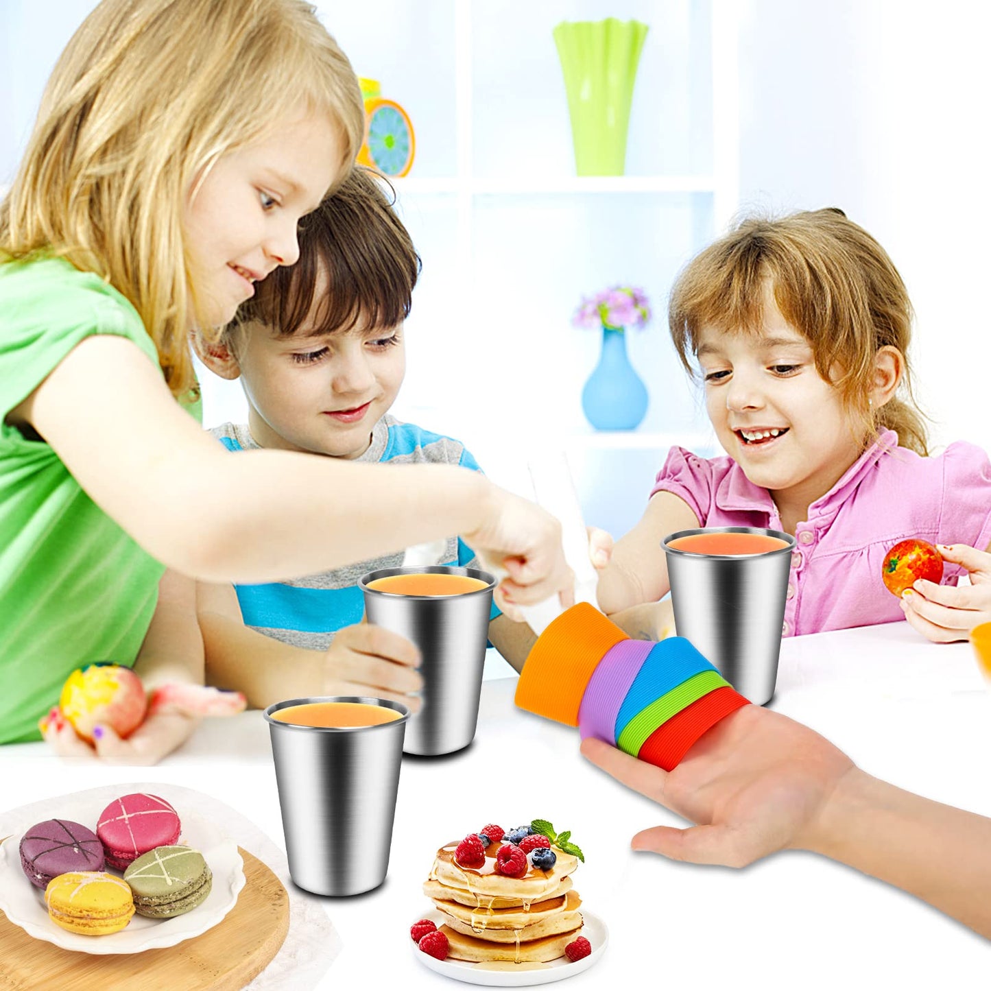 Shineme 8Oz Kids Cups Spill Proof, 5Pack Stainless Steel Sippy Cups With Lids And Silicone Sleeves, Reusable Toddler Cups For Ho