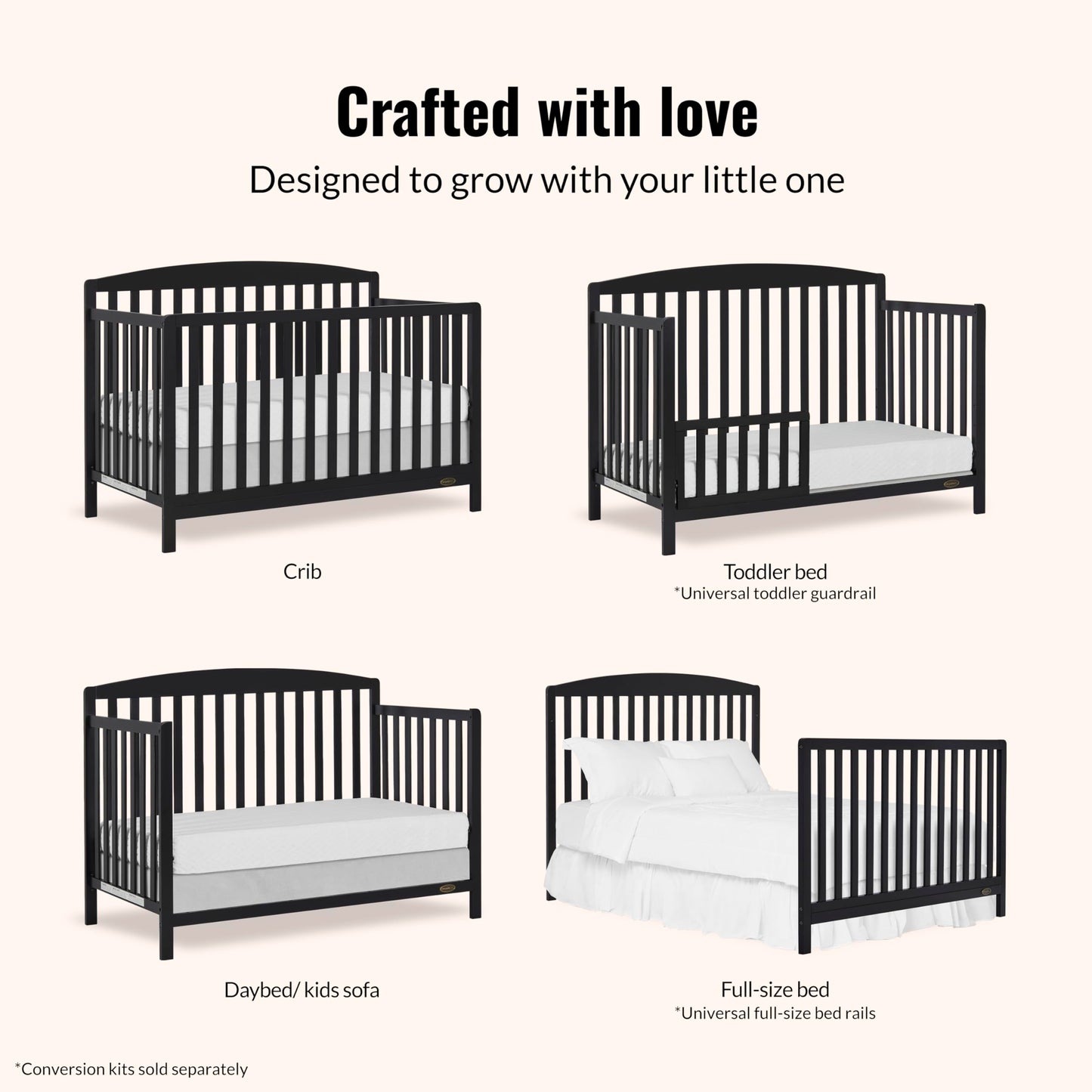Dream On Me Jpma & Greenguard Gold Certified Odelle 5 In 1 Convertible Crib In Matte Black, Built Of Sustainable Pinewood, 3 Mat