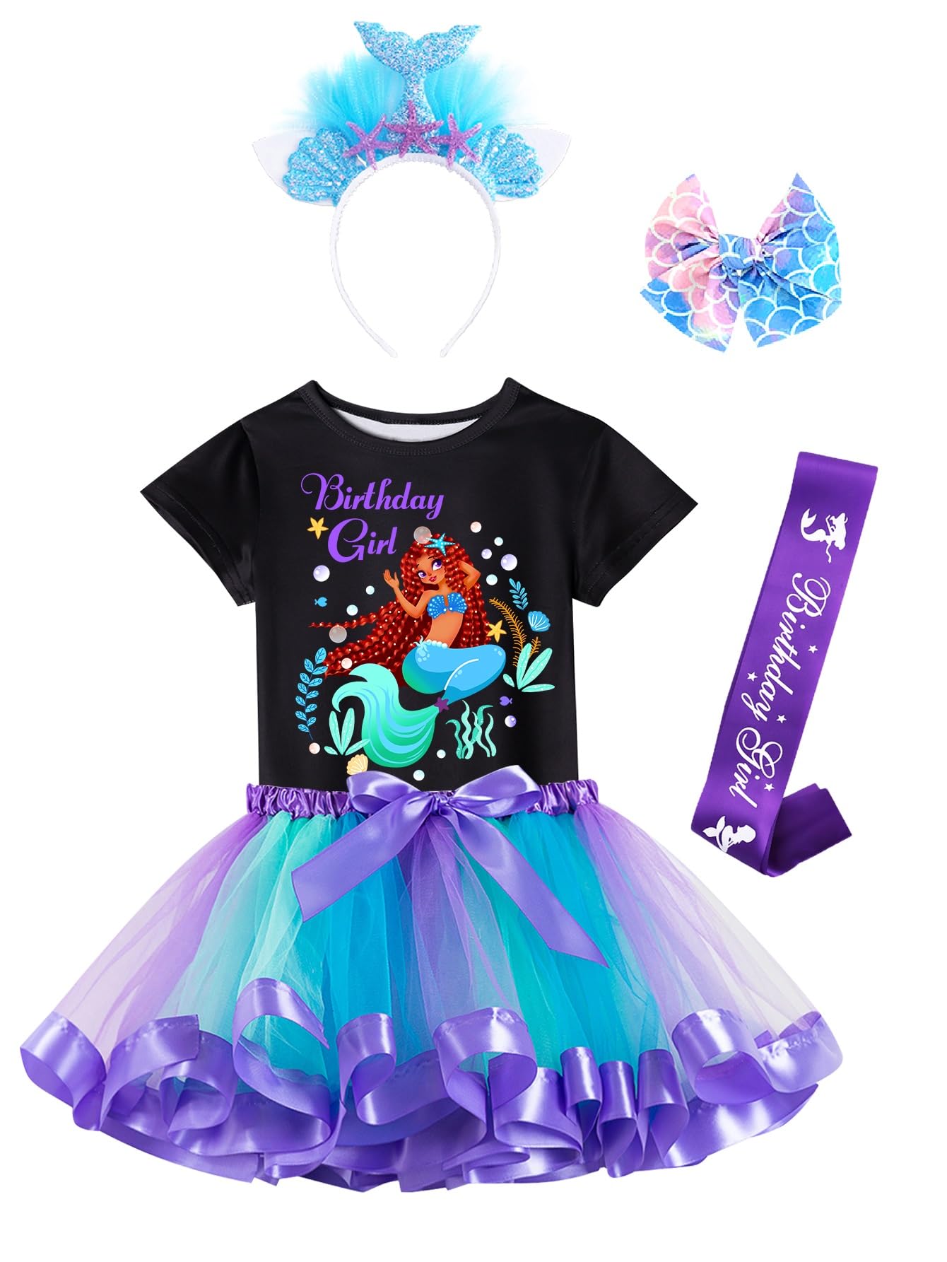 Doctor Unicorn Birthday Girls Mermaid Outfit Set Costume Tutu Skirt Dress, Mermaid Birthday Shirt, Headband & Satin Sash (White/