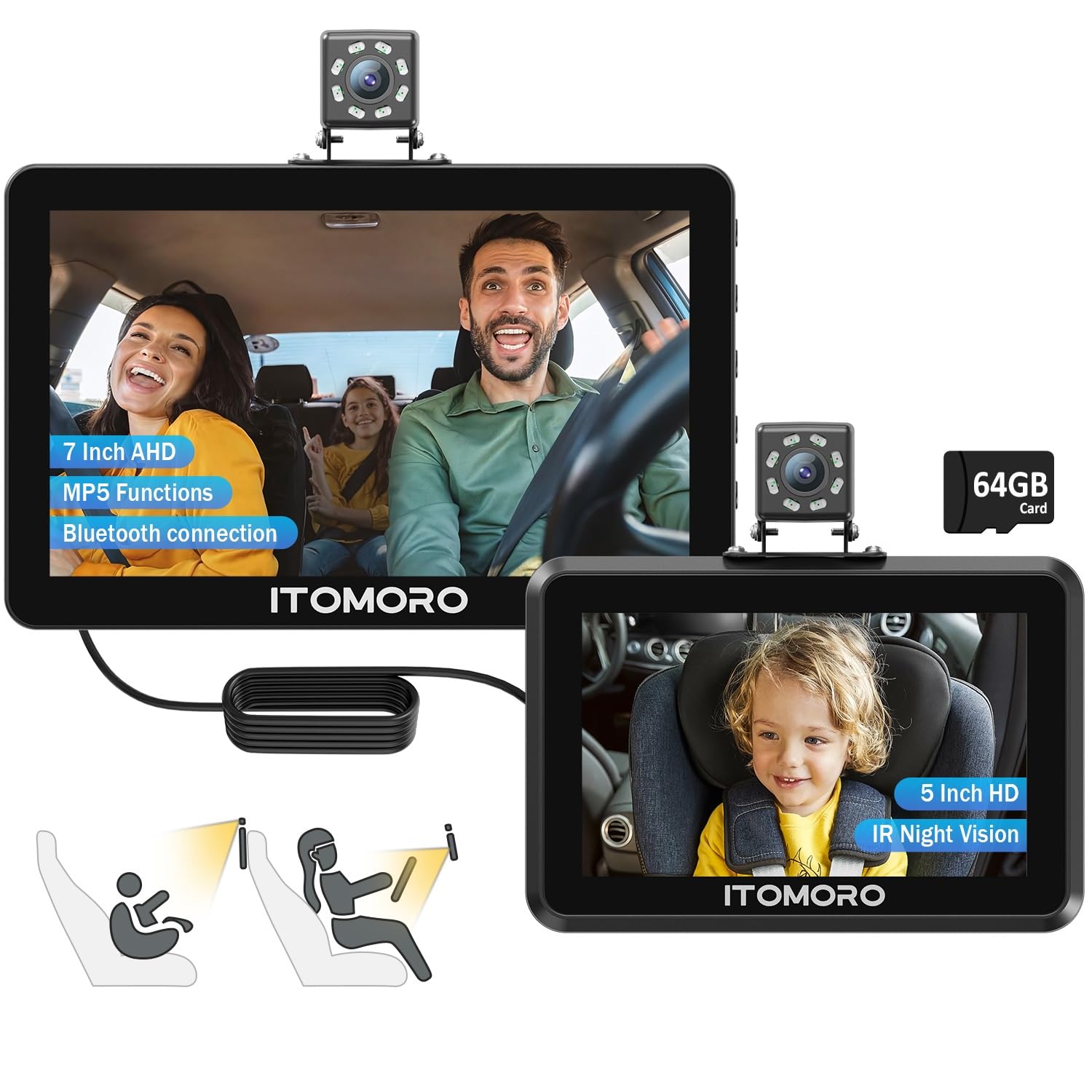 Itomoro Baby Car Camera, 5'+7' 1080P Dual Screen Car Baby Camera With Two-Way Video, Music & Video Play Supported, Night Visio