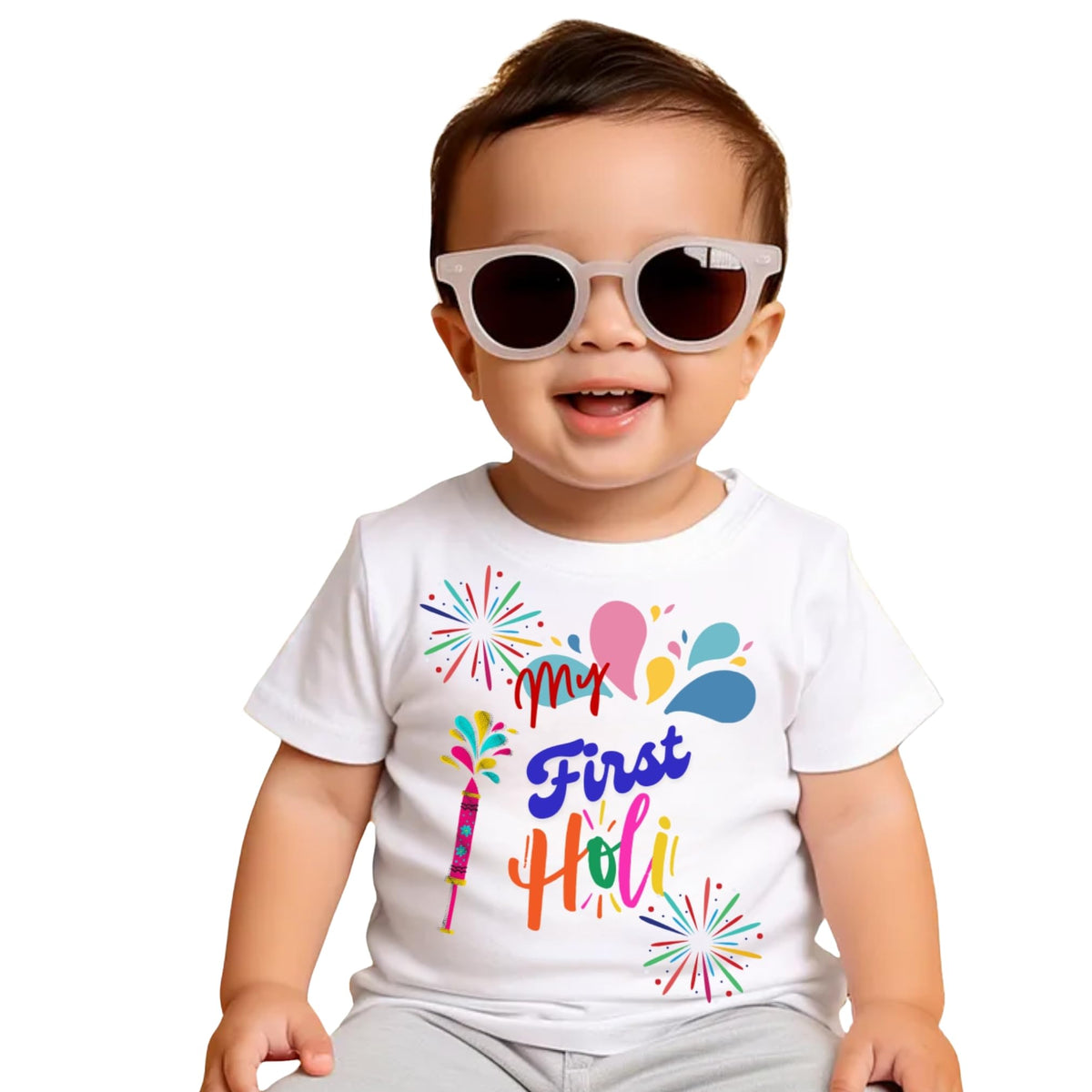 Desi Andaaz My First Holi TShirt For Baby Girl And Boy Kids Infant Unisex Regular Printed For Kid Half Sleeves Round Neck White