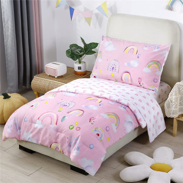 Urbonur 4-Piece Toddler Bedding Set - Ultra Soft Colorful Rainbow Cloud On Pink Girls Toddler Comforter Set - Include Comforter,