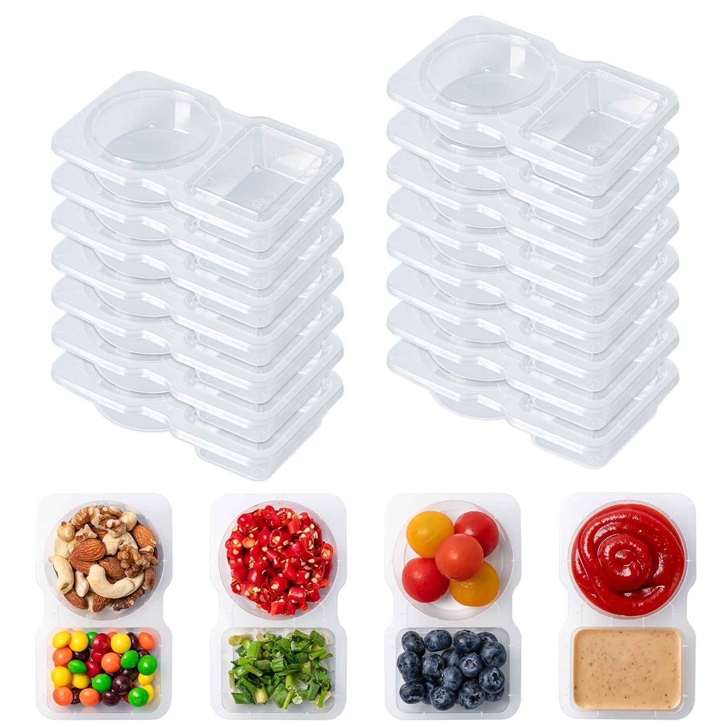 Husfunov 15 Set Reusable Snack Containers With Lids, 2-Compartment Leakproof Sauces Dipping Containers, On-The-Go Snack Pack Con