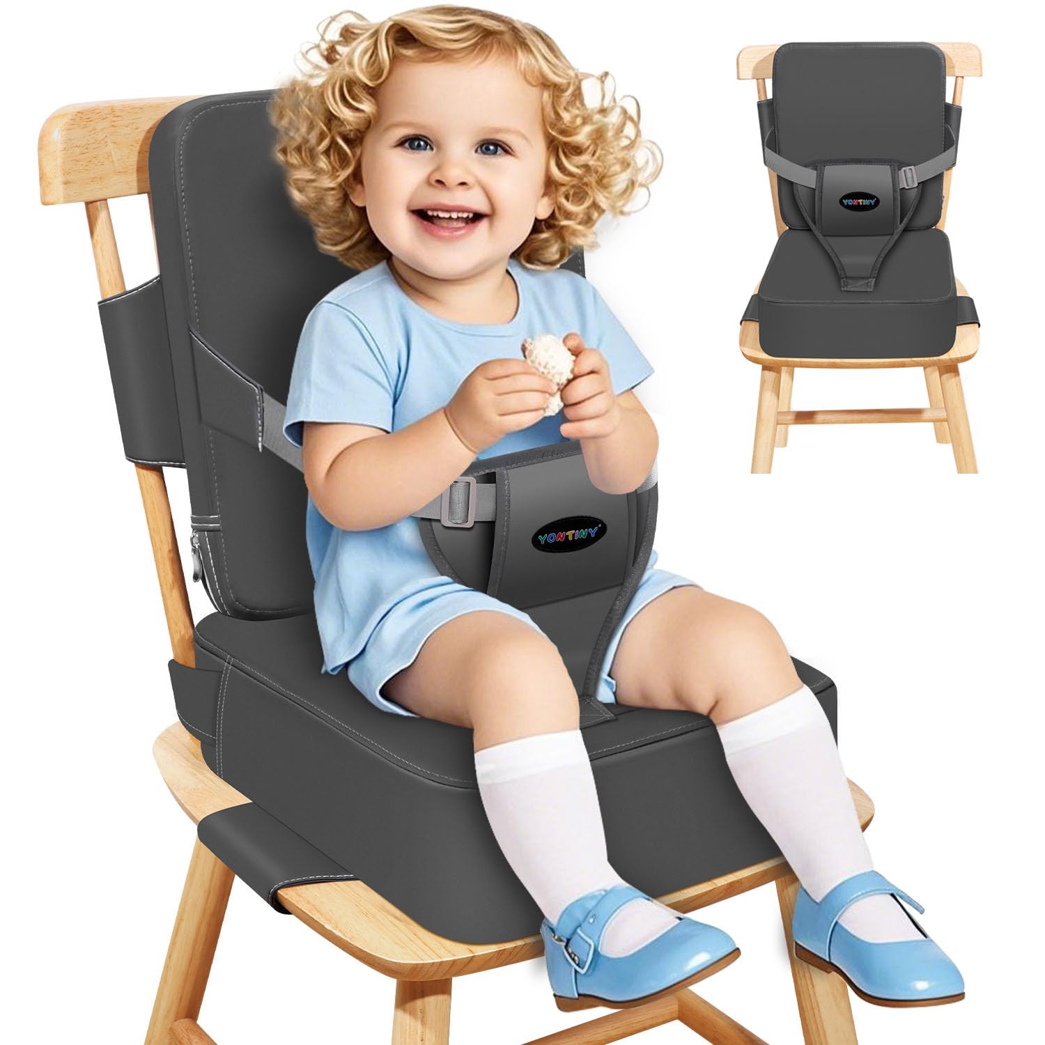 YONTINY Toddler Booster Seat for Kitchen Chair with Removable Backrest & Adjustable Straps, PU Portable Waterproof & Non-Slip Bo