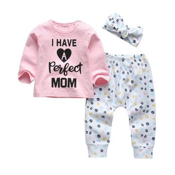 Kukitty 3Pcs Baby Girl Outfits Set I Have A Perfect Mom Long Sleeve T-Shirt Tops Dot Printed Pants With Headband (9-12 Months)