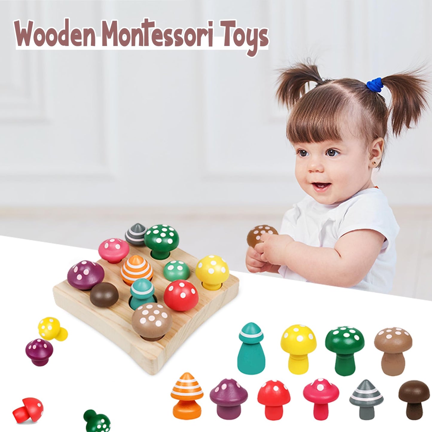 NAODONGLI Montessori Toys for 1 2 3 Year Old Boys Girls Wooden Harvest Mushroom Toys STEM Educational Preschool Learning Number