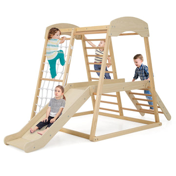 HONEY JOY Kids Indoor Jungle Gym, Large 6-in-1 Playground Climber with Slide Ramp, Monkey Bars, Climbing Net, Ladder, Wooden Mon
