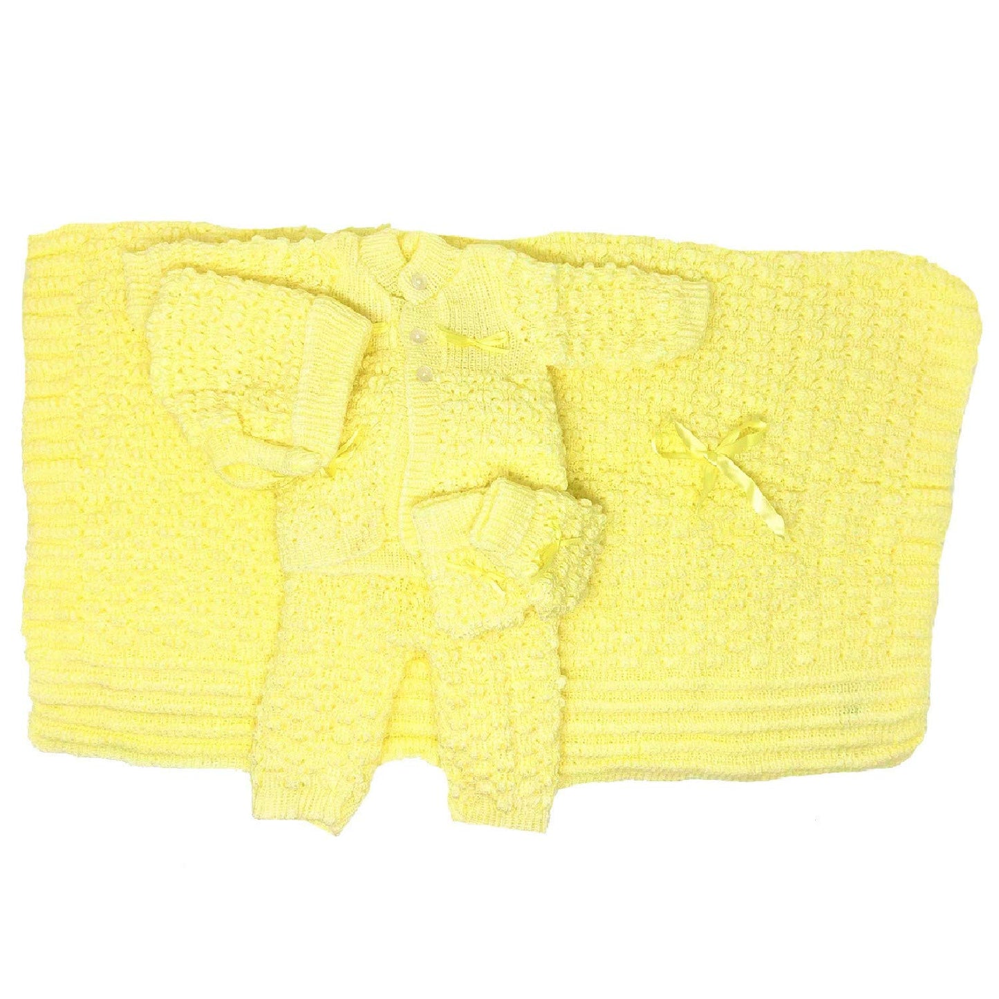 I&S Newborn Infant Baby 5 Pieces Knit Crochet Set Warm Winter Fashionable Layette Set Comfort Girls Boys Unisex (0-3 Months, Yel