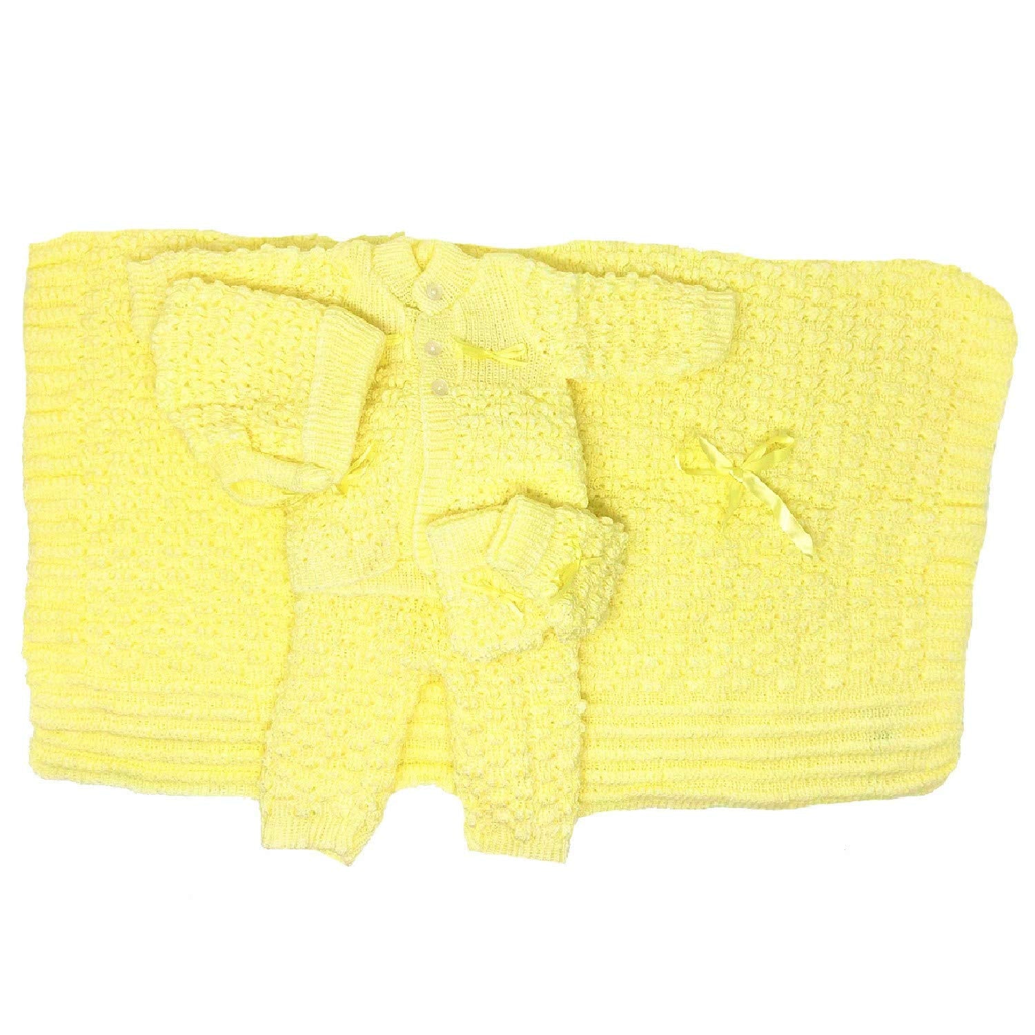 I&S Newborn Infant Baby 5 Pieces Knit Crochet Set Warm Winter Fashionable Layette Set Comfort Girls Boys Unisex (0-3 Months, Yel