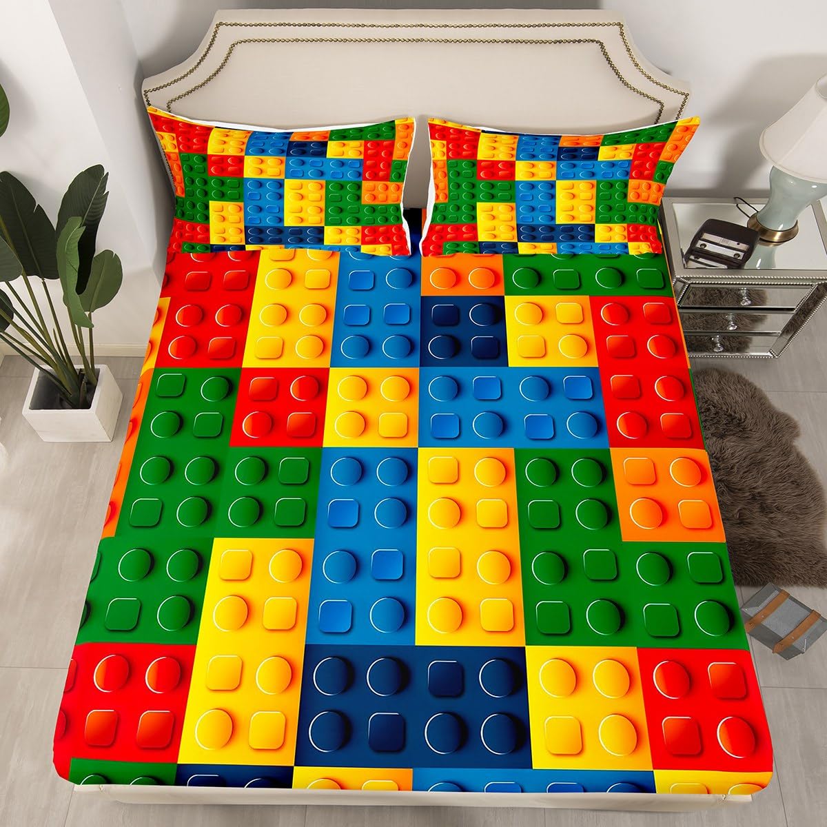 Feelyou Gaming Fitted Sheet Twin Size Kids Building Blocks Bedding Set for Boys Teens Toddler Toy Brick Bed Sheet Set Breathable