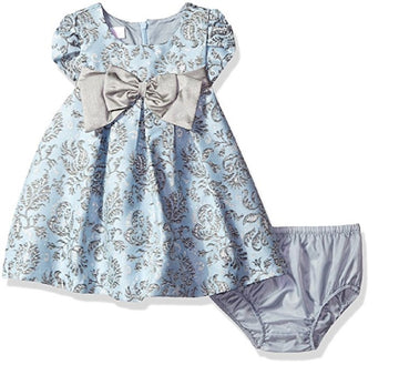 Bonnie Baby Baby Girls' Baby Girls Short Sleeved Brocade Float With Taffeta Bow, 12M Blue