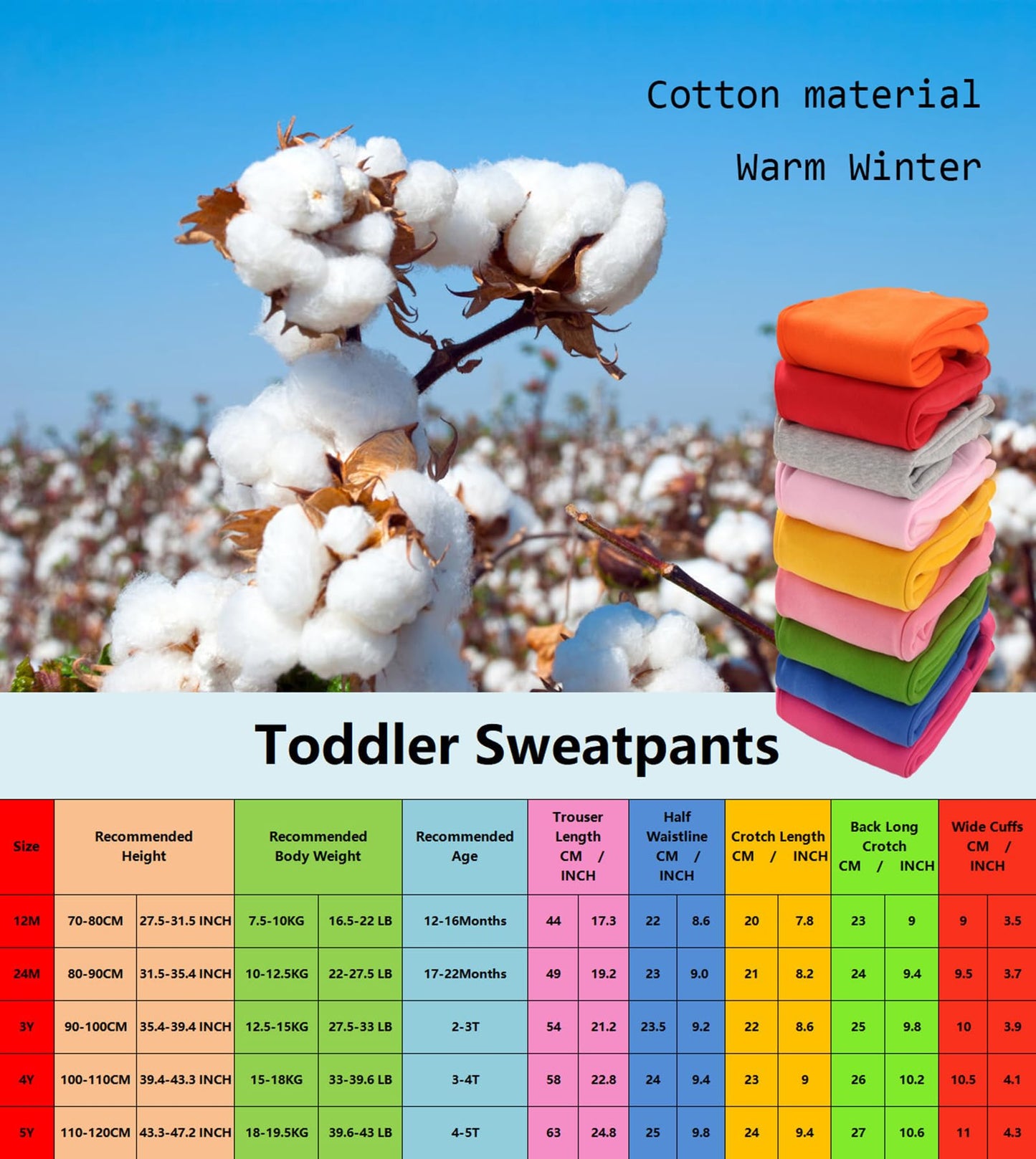 Cuteon Unisex Toddler Jogger Pants Kids Cotton Elastic Waist Winter Baby Sweatpants Pants 1Year Red&Orange