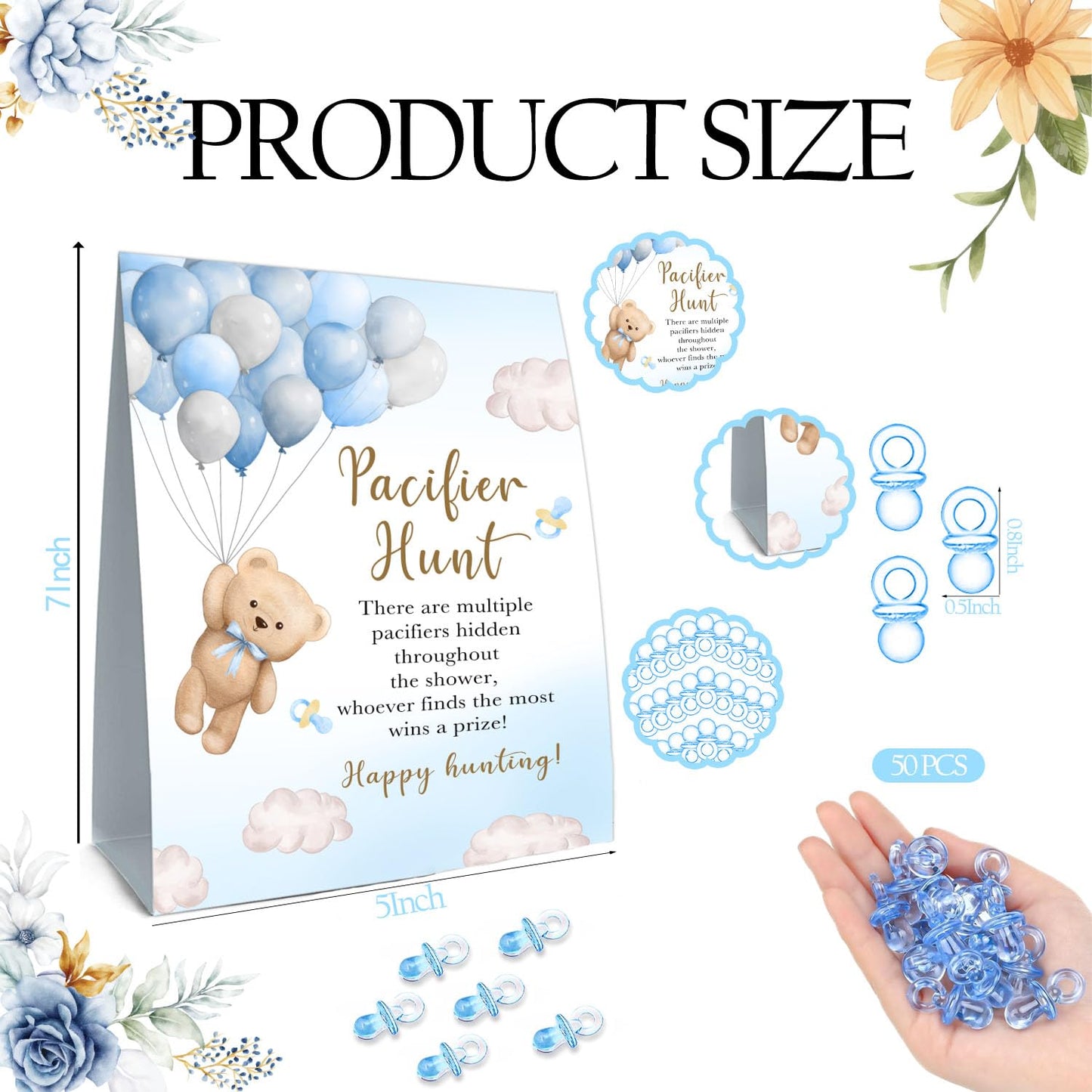 Guawubiang 51Pcs Winnie Baby Shower Games, Include Baby Pacifier Hunt Sign And 50 Blue Mini Pacifiers, Mini Pacifiers Baby Showe