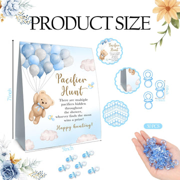 Guawubiang 51Pcs Winnie Baby Shower Games, Include Baby Pacifier Hunt Sign And 50 Blue Mini Pacifiers, Mini Pacifiers Baby Showe