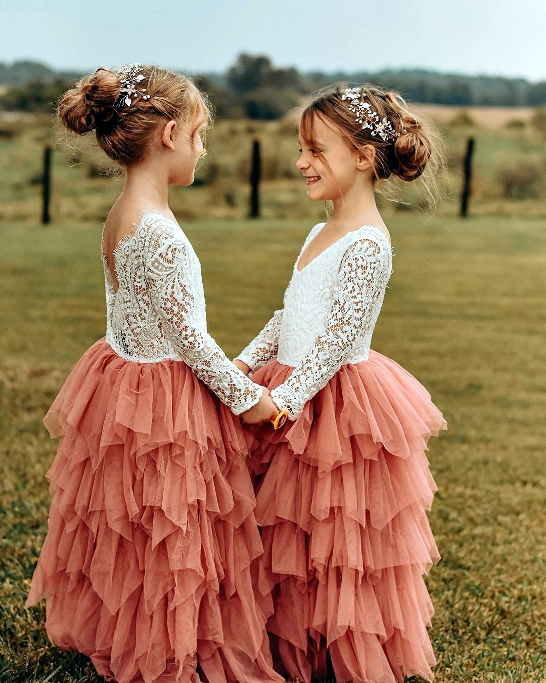2Bunnies Girl Peony Lace Back A-Line Tiered Tutu Tulle Flower Girl Dress (Dusty Rose Sleeve Maxi, 4T)