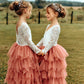 2Bunnies Girl Peony Lace Back A-Line Tiered Tutu Tulle Flower Girl Dress (Dusty Rose Sleeve Maxi, 7-8Yrs)