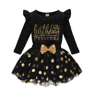Lysmuch Toddler Kids Baby Girl'S Birthday Outfits Princess Vest Sleeveless Shirt Mesh Tutu Skirt Set (Black Birthday Princess Lo