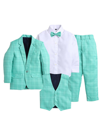 Jeetethnics Boys Turquoise Checked Coat Suit Set With Waistcoat Shirt And Trousers (9089H)