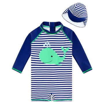 Uideazone Infant Boy Blue Striped Swimsuit 3Mo Long Sleeve One Piece Rash Guard Bathing Suit With Hat Upf 50+ Sun Protection Swi