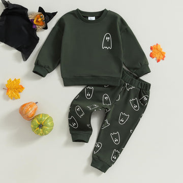 Toddler Baby Girl Boy Halloween Clothes Pumpkin Shirt Ghost Sweatshirt Pants Fall Outfit Baby Halloween Costumes (Dark Green Gho
