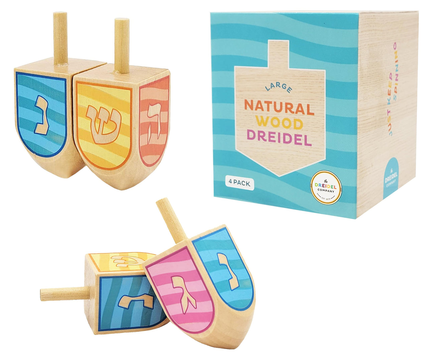 The Dreidel Company Let'S Play The Hanukkah Game 2 Multi Colored Extra Large Hand Painted Wood Dreidels (Style 3, Pack Of 4)