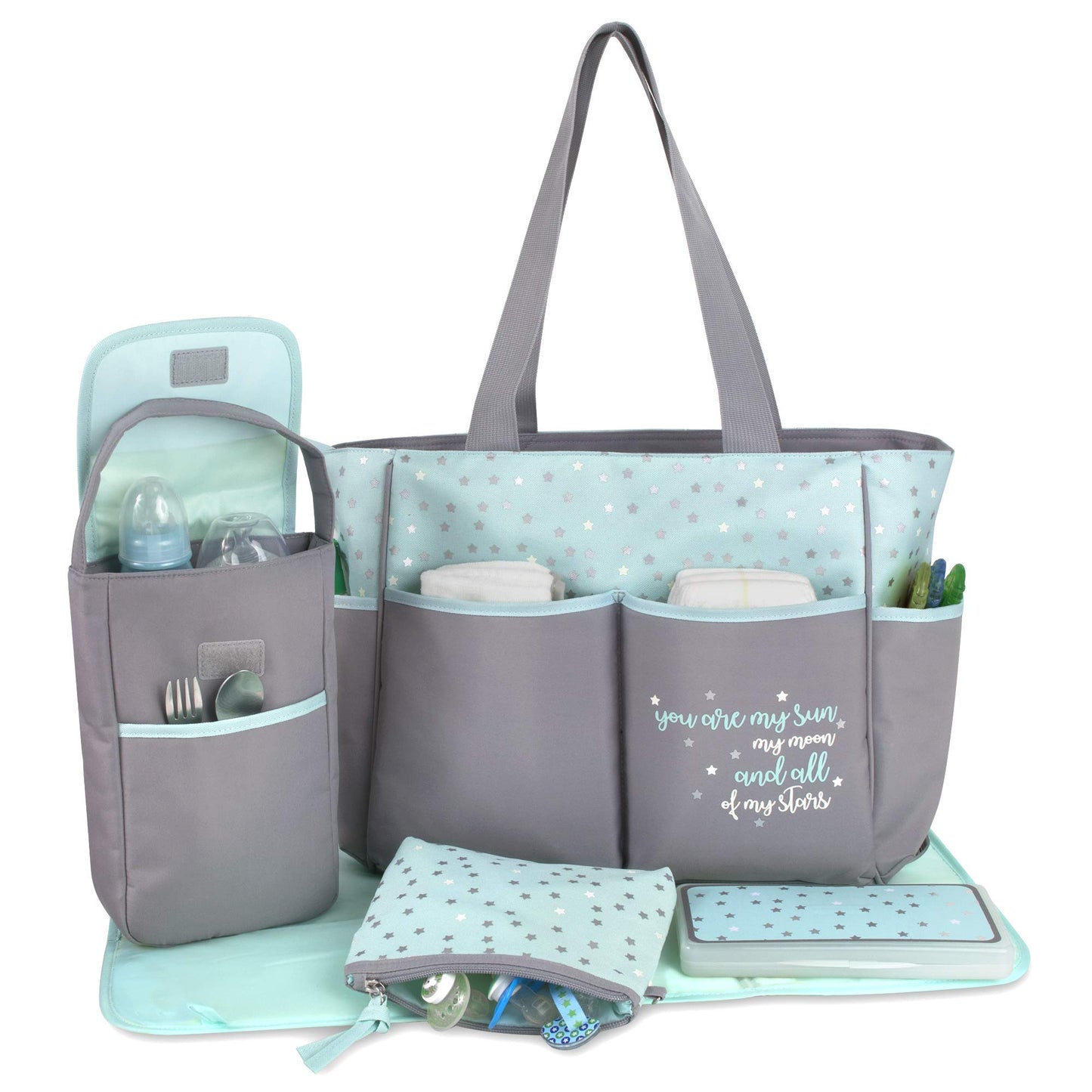 Baby Essentials Diaper Bag Tote 5 Piece Set With Sun, Moon, And Stars, Wipes Pocket, Dirty Diaper Pouch, Changing Pad (Grey/Aqua
