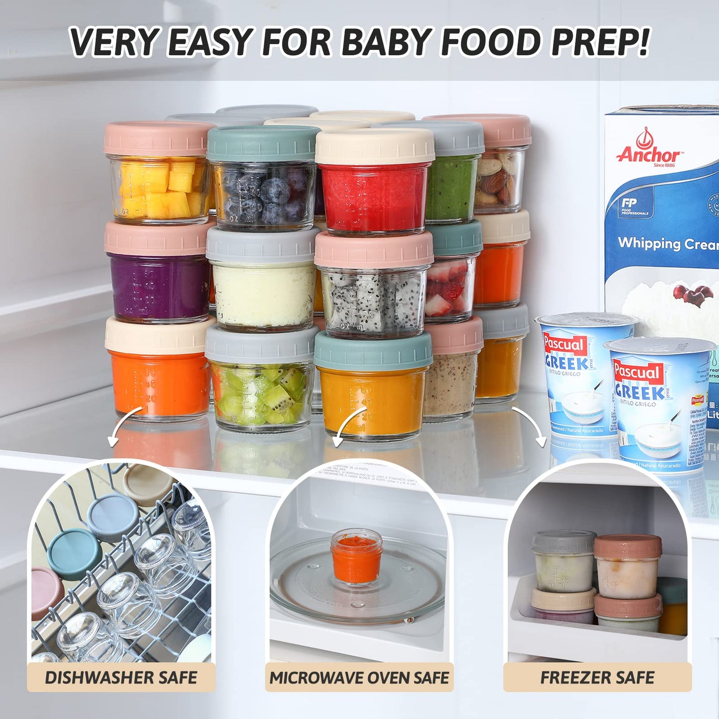 Vitever 16 Pack Glass Baby Food Storage Containers, 4 Oz Baby Food Jars With Plastic Lids, Small Baby Food Maker, Reusable Infan
