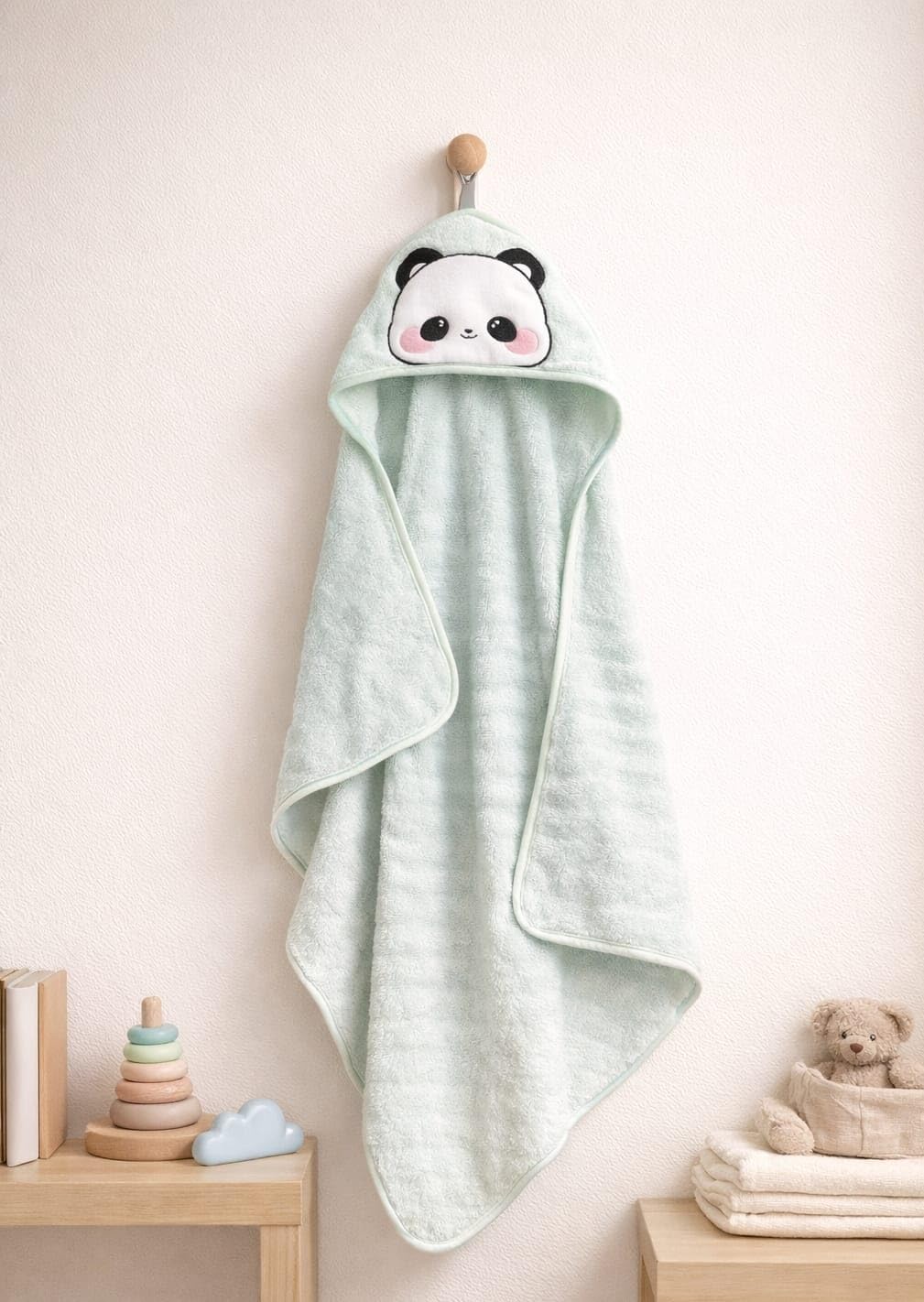 Hi mom Kids World Baby Hooded Towel, Mint Green, Cute Panda Applique, Soft Bath Wrap for Infants and Toddlers
