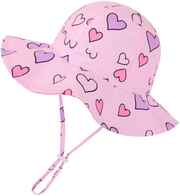 Baby Girl Sun Hat Infant Summer Beach Hats With Upf 50+ Toddler With Wide Brim Strap Outdoor Bucket Hat Pink Heart 0-6 Months