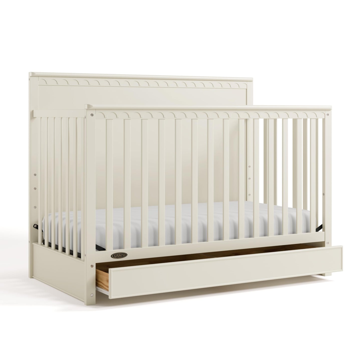 Graco Sasha 5-in-1 Convertible Crib with Drawer (Frosted Oat) - GREENGUARD Gold Certified Wood Crib, Converts to Toddler Bed, Da