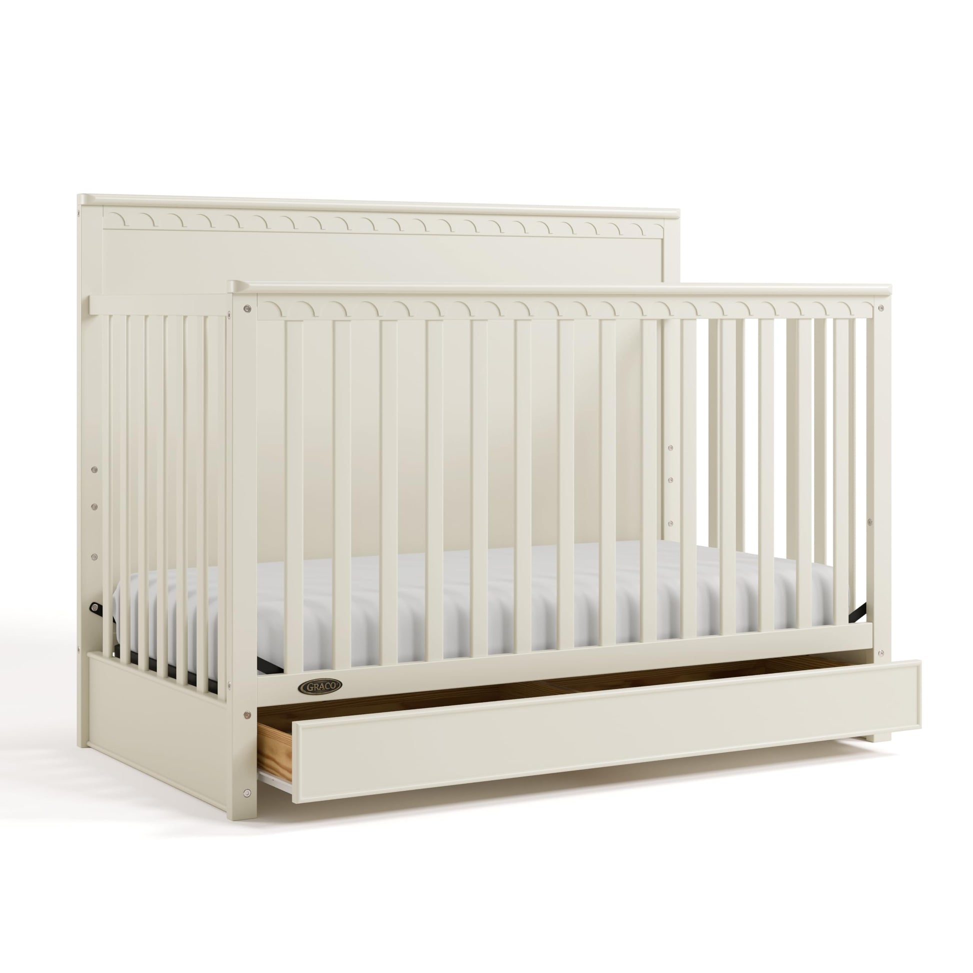 Graco Sasha 5-in-1 Convertible Crib with Drawer (Frosted Oat) - GREENGUARD Gold Certified Wood Crib, Converts to Toddler Bed, Da