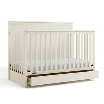 Graco Sasha 5-in-1 Convertible Crib with Drawer (Frosted Oat) - GREENGUARD Gold Certified Wood Crib, Converts to Toddler Bed, Da
