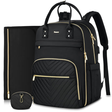 MOMUVO Diaper Bag Backpack, Quilted Baby Bag with Changing Pad and Stroller Straps, Dark Black