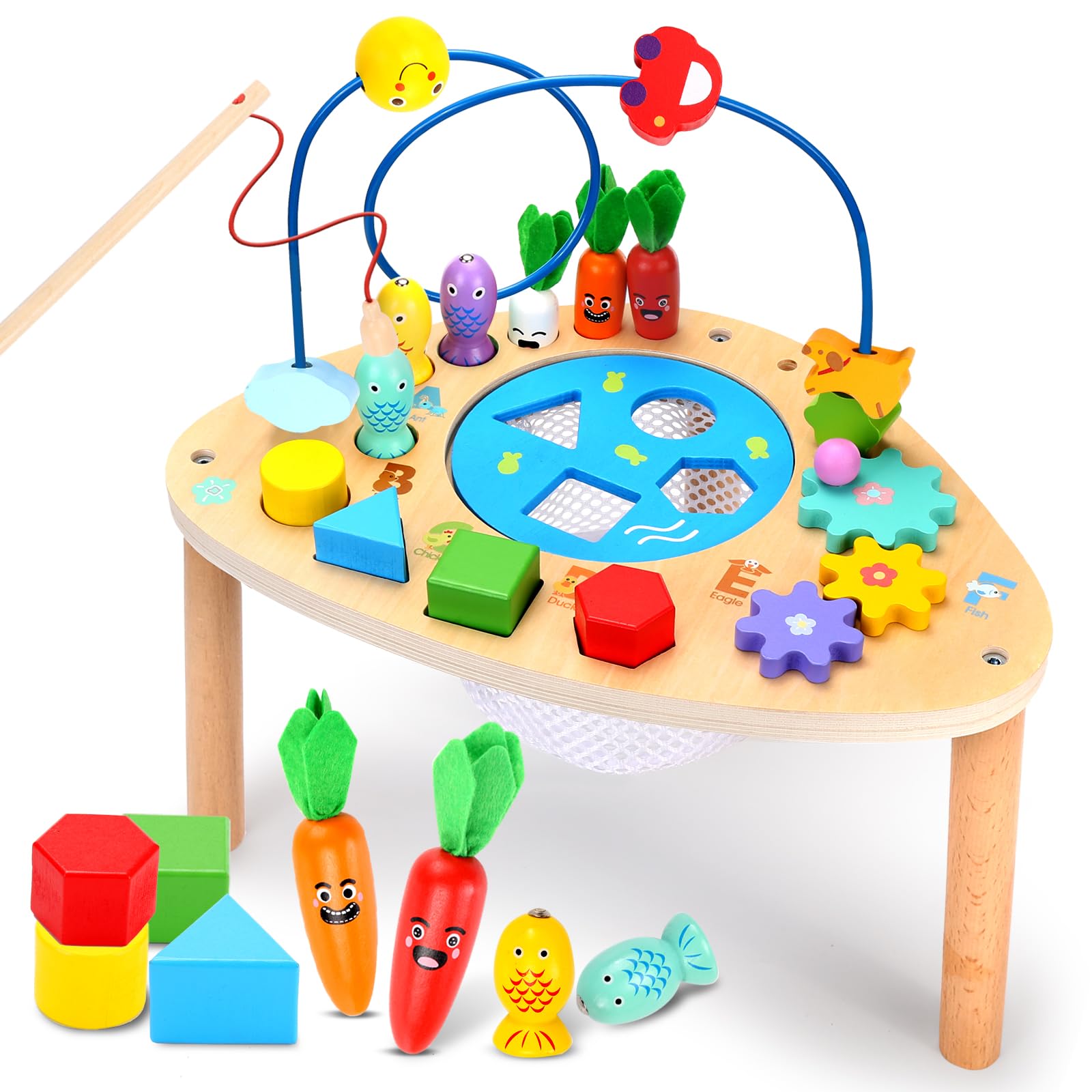 wingyz Activity Table for 1+ Year Old, 6 in 1 Wooden Montessori Activity Center Play Table with Bead Maze Shape Sorter Fishing G