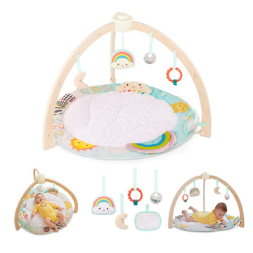 B. Baby - Wooden Baby Gym - Soft Play Mat - 5 Hanging Sensory Toys - Developmental Activities - Newborn - Sunrise To Sunset Play