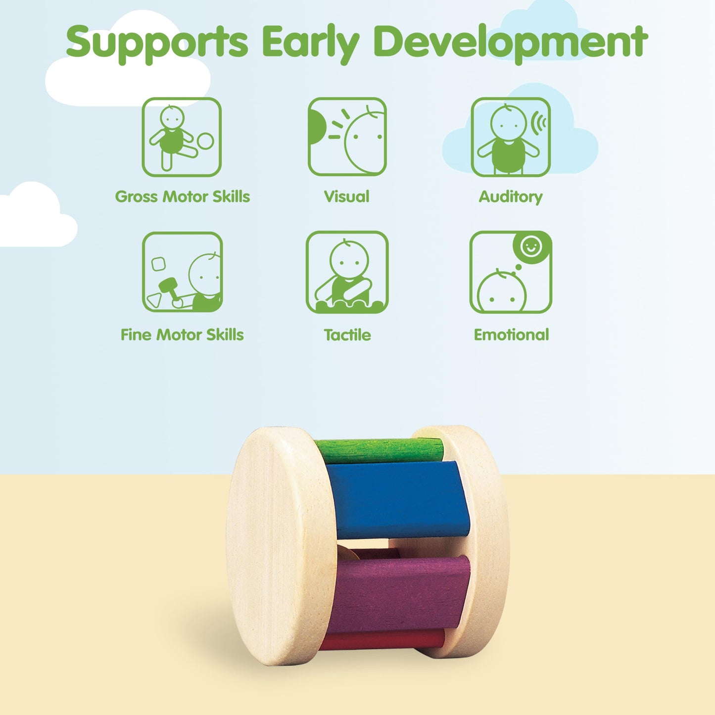 PlanToys Wooden Roller Rattle Toy for Babies | Montessori Baby Sensory Toy with Gentle Sound | Eco-Friendly Crawling & Motor Ski