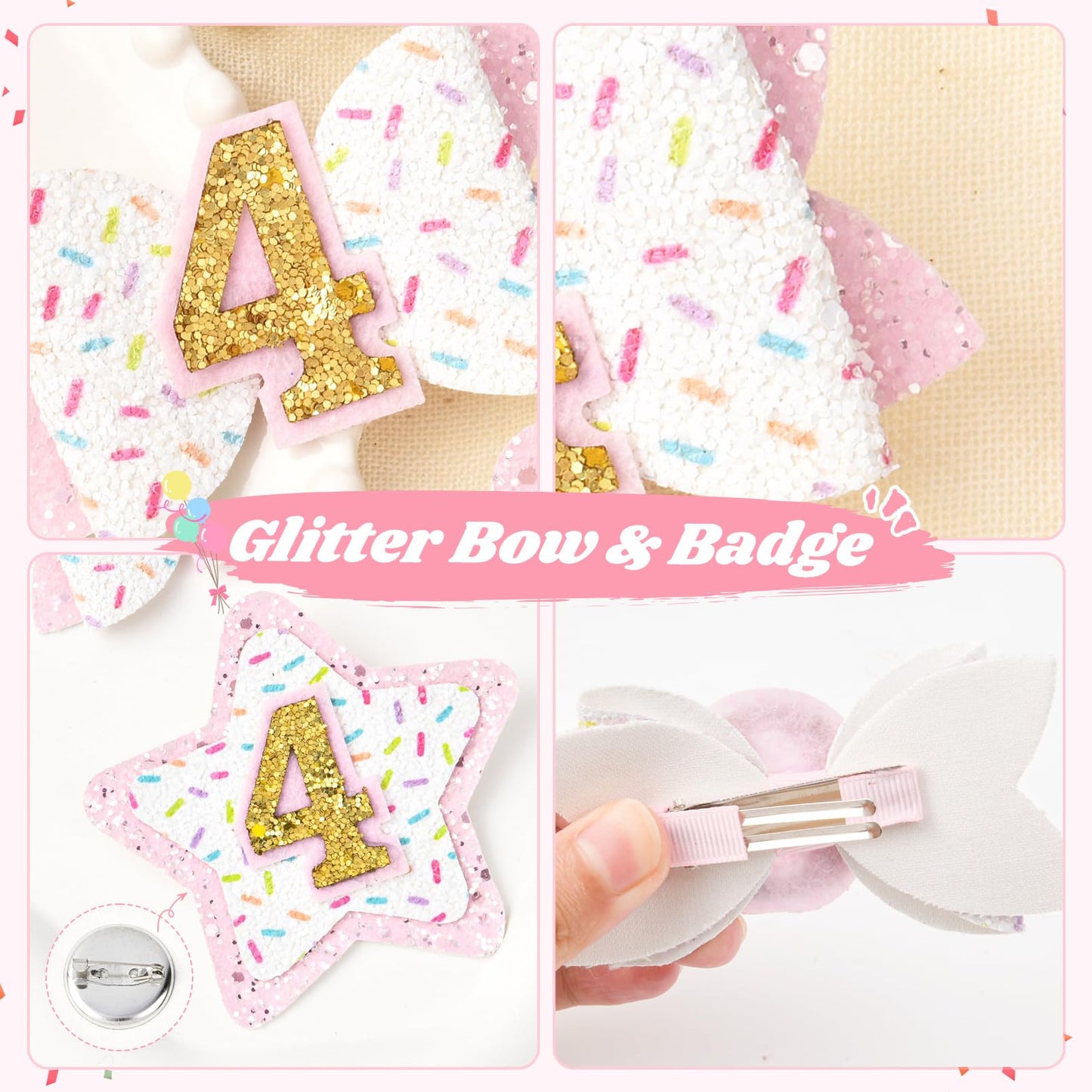 Deeka 4Th Birthday Hair Bow And Badge Set For Girl - Glitter Pink And White Hair Clips For 4 Year Girl Party Decoration - Girls