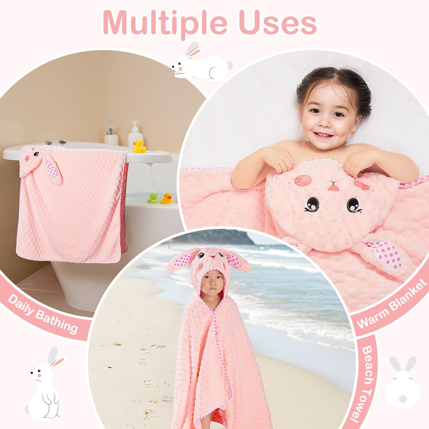 FIOBEE Toddler Bath Towel with Hood Baby Towels, 55x28 inch Large Soft Absorbent Kids Hooded Towels for 1-5 Years Old Baby Girls