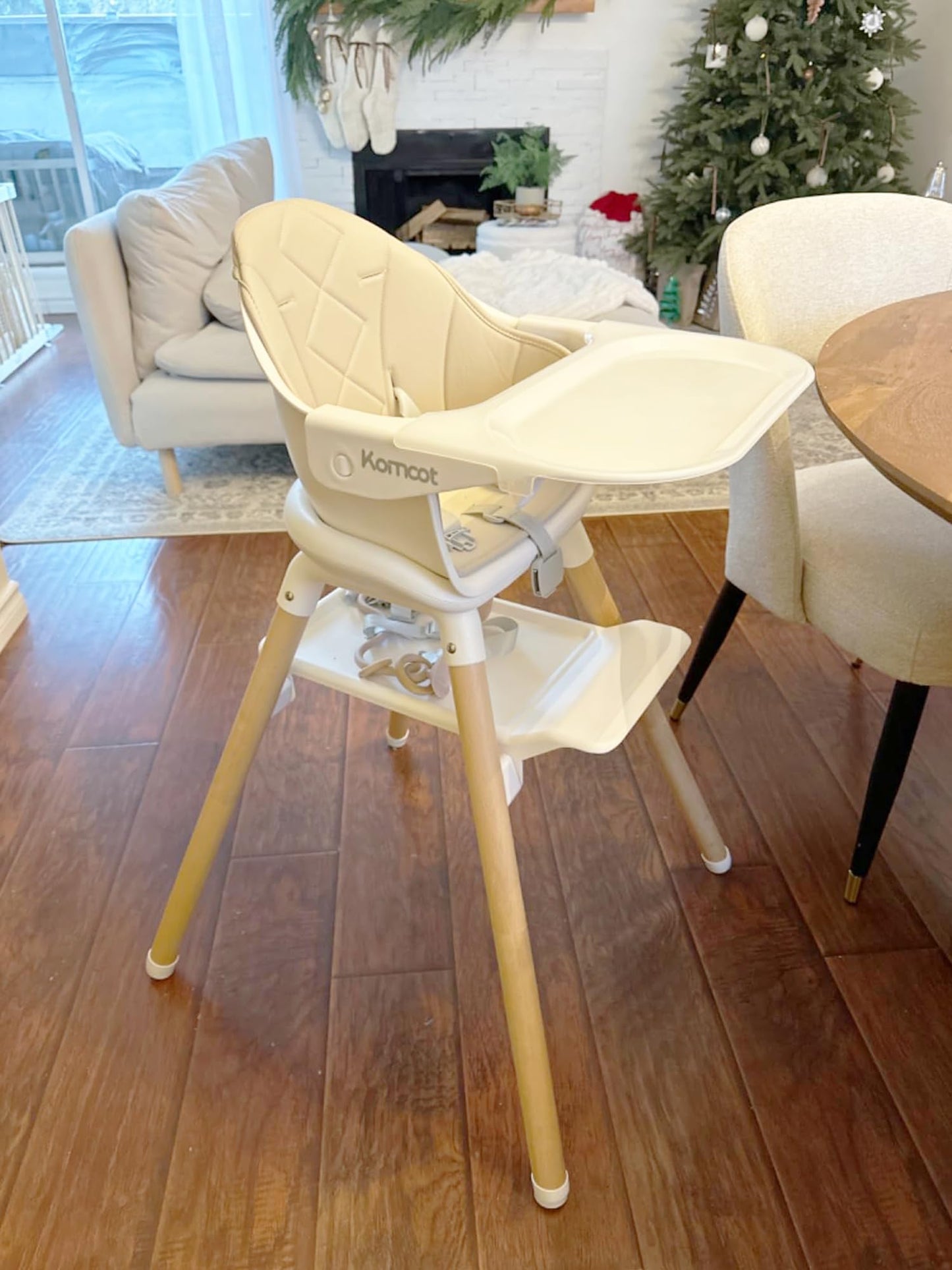 Komcot Baby High Chair, 6-in-1 Wooden Convertible High Chairs for Toddlers, Booster Seat with Double Tray & Reversible Footrest,