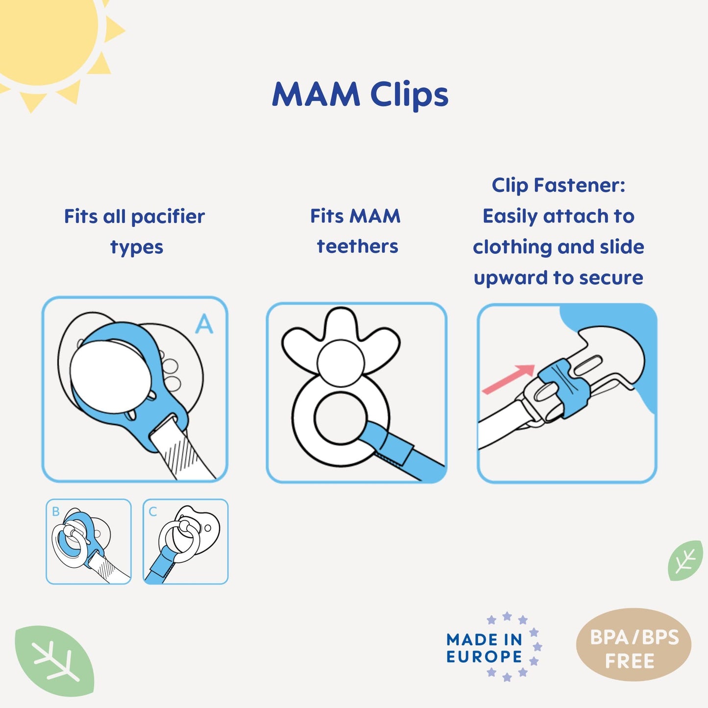 Mam Pacifier Clips For Baby Girls With Fasteners And Flexible Rings, Designs May Vary, 2 Count