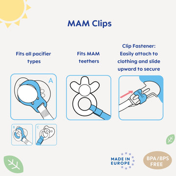 Mam Pacifier Clips For Baby Girls With Fasteners And Flexible Rings, Designs May Vary, 2 Count