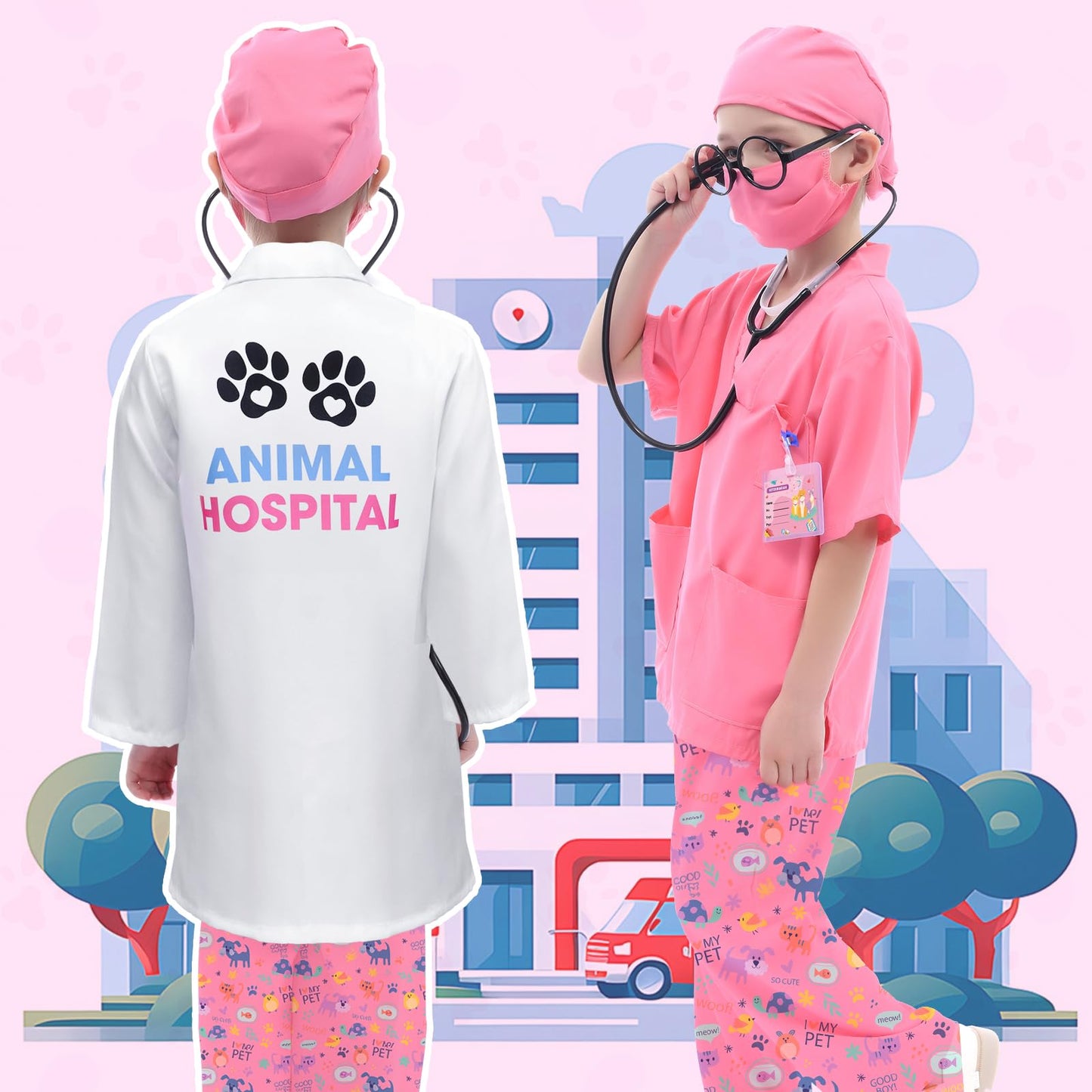 G.C Kids Veterinarian Costume Toddler Doctor Kit Scrubs Doctor Vet Costume Play Set Boys Girls Halloween Dress Up Career Day (Pi