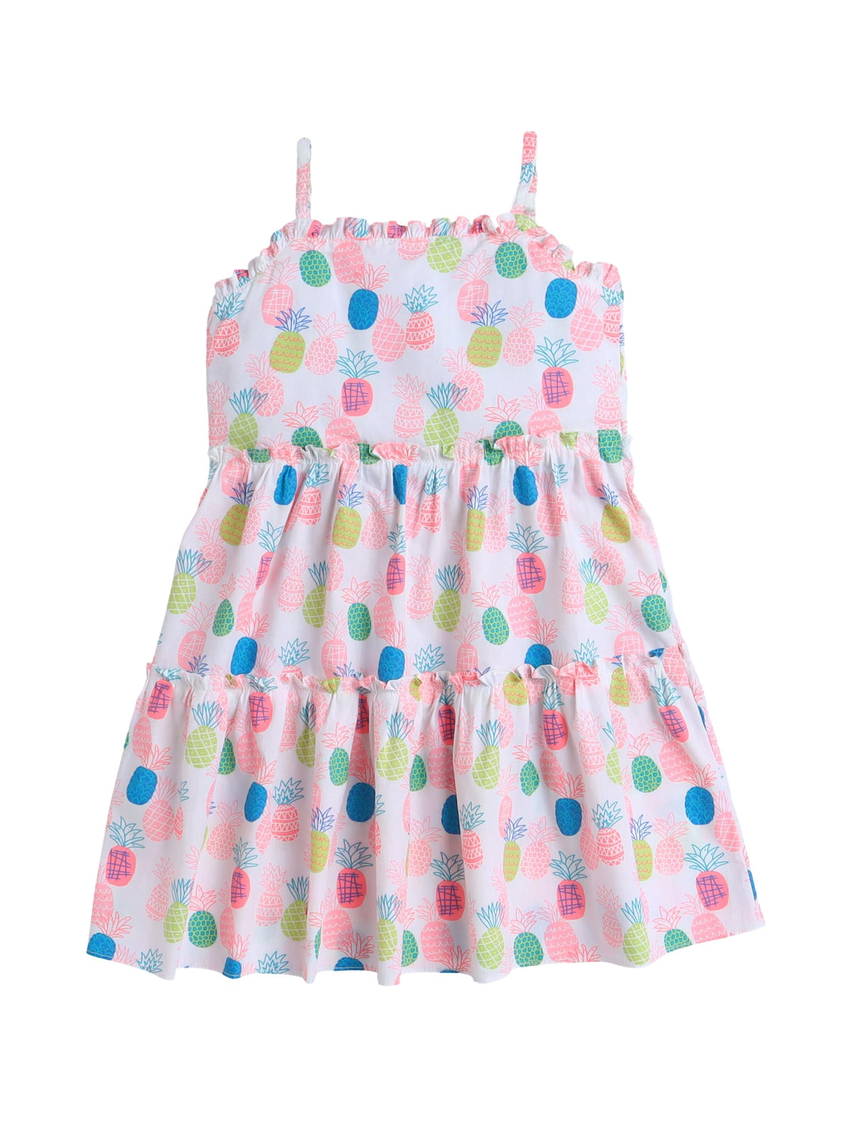 The Magic Wand Sleeveless Pineapple Printed Dress For Kids Girls, Singlet Strap Tiered Fit & Flare Frock, Casual Summer Daily We