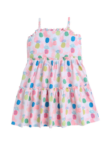 The Magic Wand Sleeveless Pineapple Printed Dress For Kids Girls, Singlet Strap Tiered Fit & Flare Frock, Casual Summer Dresses,