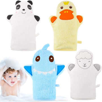 4 Pieces Baby Bath Mitt Washcloths Gloves Designed In Nice Cute Animal Style Yellow Duck Shark Panda Sheep Cotton Towel Gentle S