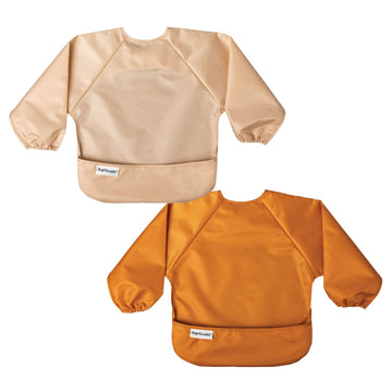 Tiny Twinkle Mess Proof Baby Bib, 2 Pack Long Sleeve Bib Outfit, Waterproof Bibs For Toddlers, Machine Washable, Tug Proof (Sand