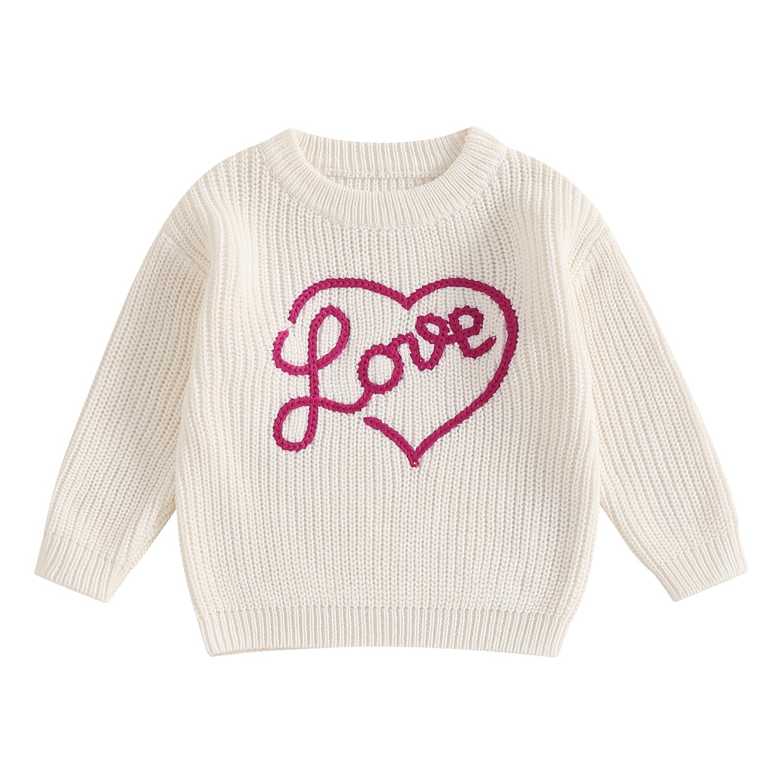 Nokpsedcb Baby Girl Cute Long Sleeve Heart Flowers Embroidery Oversized Sweater Toddler Valentine Outfit (White Love, 12-18 Mont